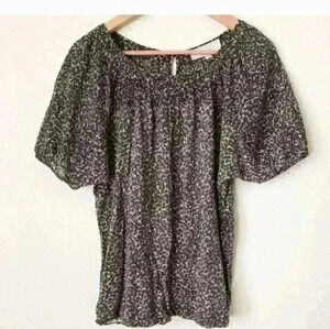 🌻Ann Taylor LOFT Leopard Animal Print Semi Sheer Puff Sleeve Top Tan Black